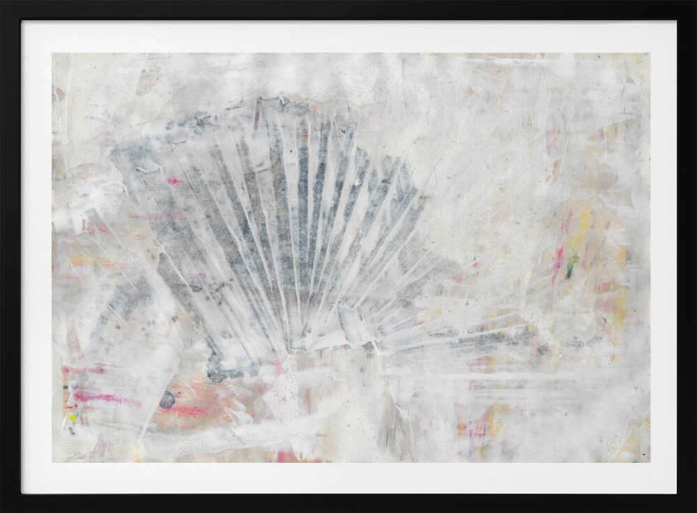 Abstract painting with a textured, fan-like shape in grey tones on a distressed white background with hints of color.