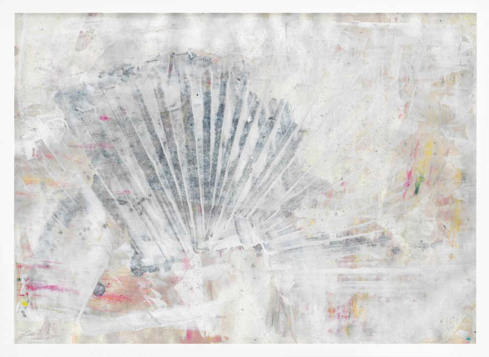 Abstract painting with a textured, fan-like shape in grey tones on a distressed white background with hints of color.