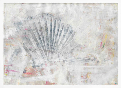 Abstract painting with a textured, fan-like shape in grey tones on a distressed white background with hints of color.