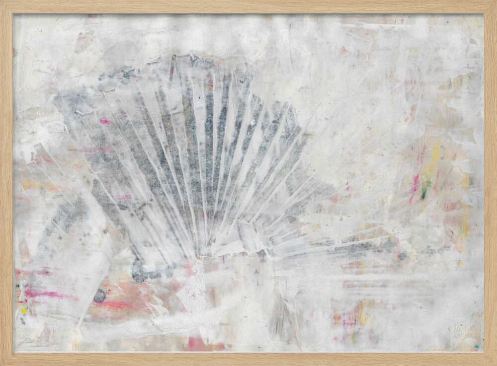 Abstract painting with a textured, fan-like shape in grey tones on a distressed white background with hints of color.