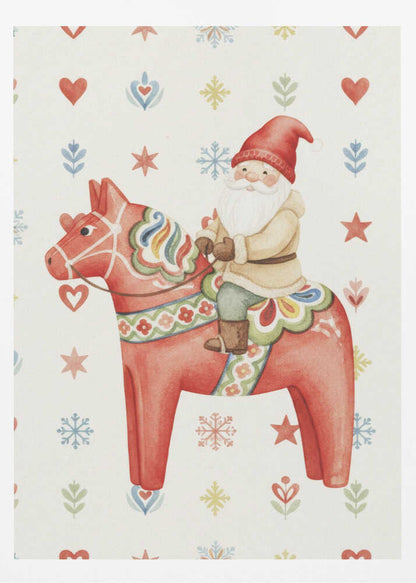 A Christmas illustration of Santa Claus riding a red Scandinavian Dala horse on a patterned background with snowflakes.
