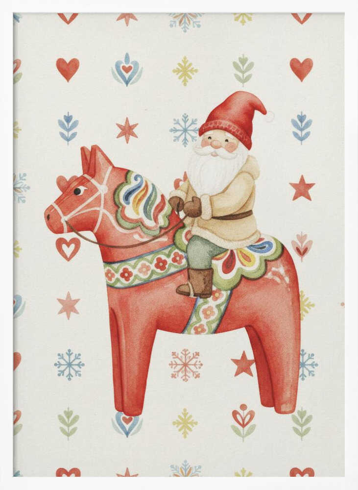 A Christmas illustration of Santa Claus riding a red Scandinavian Dala horse on a patterned background with snowflakes.