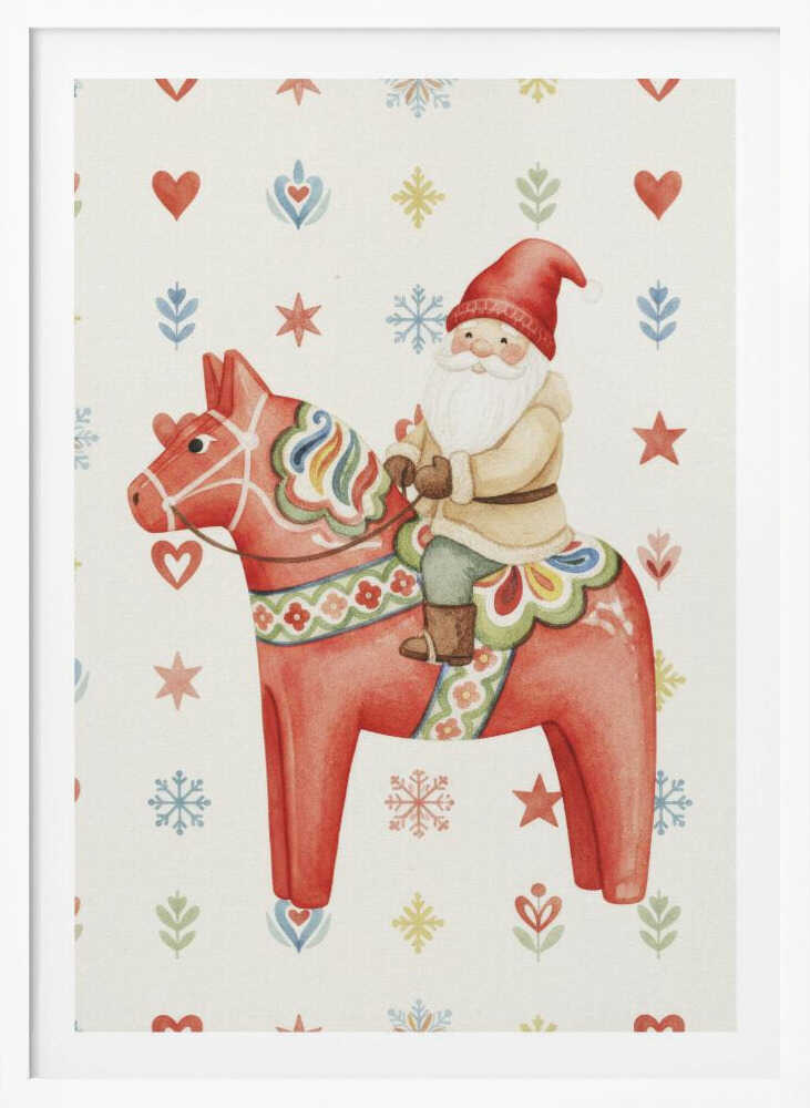 A Christmas illustration of Santa Claus riding a red Scandinavian Dala horse on a patterned background with snowflakes.