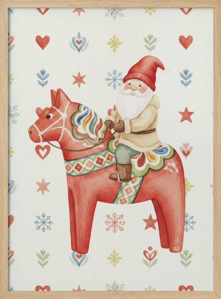 A Christmas illustration of Santa Claus riding a red Scandinavian Dala horse on a patterned background with snowflakes.
