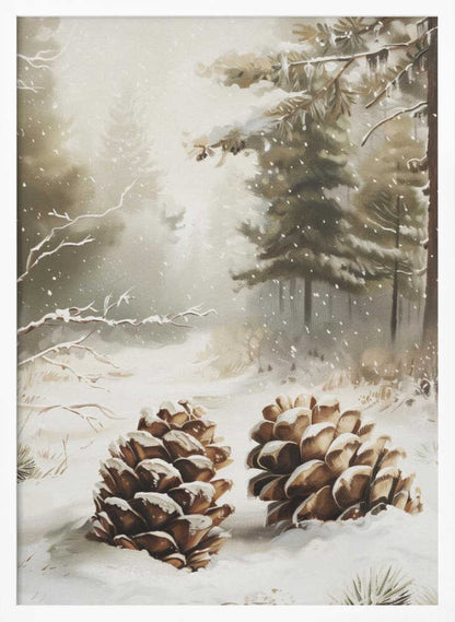 Painting of two large, snow-covered pinecones in a peaceful winter forest during a gentle snowfall.
