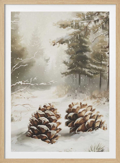 Painting of two large, snow-covered pinecones in a peaceful winter forest during a gentle snowfall.