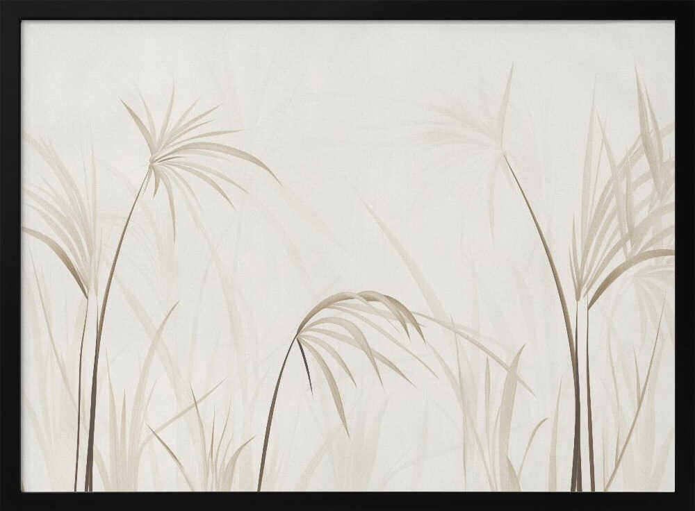 Minimalist art print of delicate beige grasses and reeds on a light background, framed in silver.