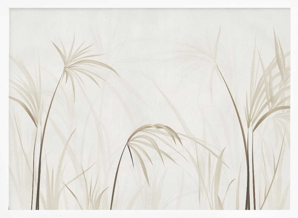 Minimalist art print of delicate beige grasses and reeds on a light background, framed in silver.