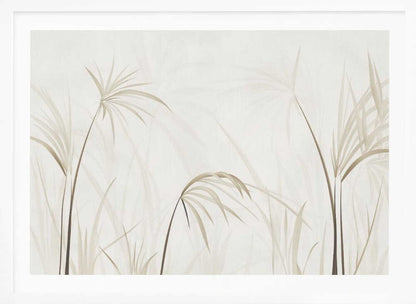 Minimalist art print of delicate beige grasses and reeds on a light background, framed in silver.