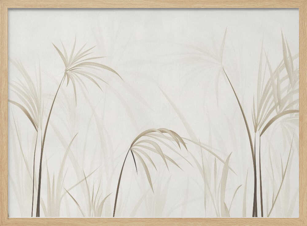 Minimalist art print of delicate beige grasses and reeds on a light background, framed in silver.