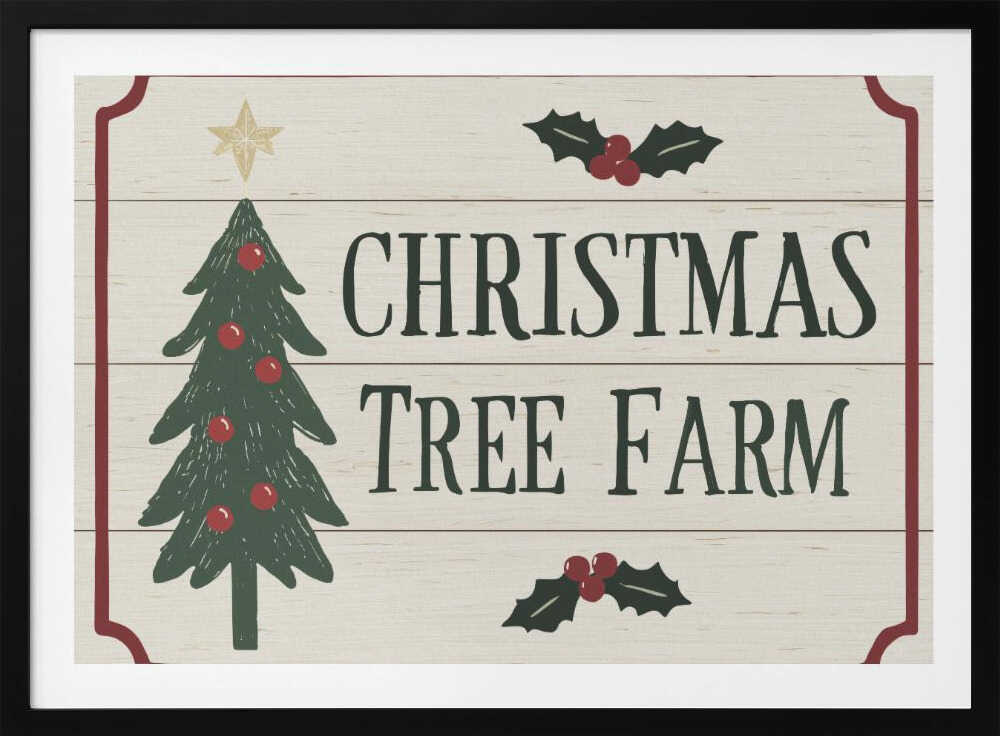 Vintage 'Christmas Tree Farm' sign with a decorated tree and holly. Rustic holiday wall art.
