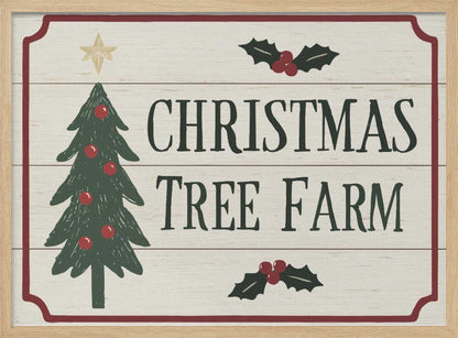 Vintage 'Christmas Tree Farm' sign with a decorated tree and holly. Rustic holiday wall art.