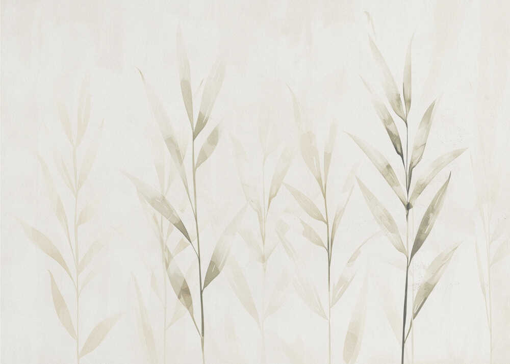 Minimalist watercolor painting of bamboo stalks in soft green and beige hues.