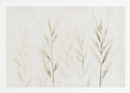 Minimalist watercolor painting of bamboo stalks in soft green and beige hues.
