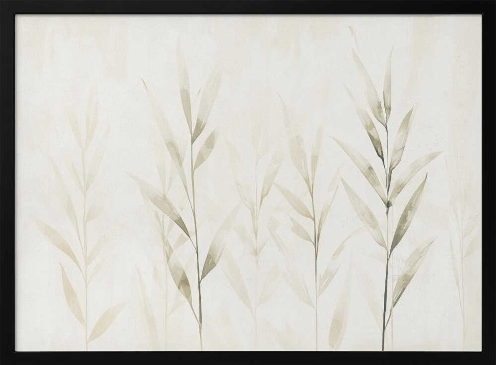 Minimalist watercolor painting of bamboo stalks in soft green and beige hues.