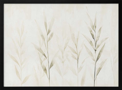 Minimalist watercolor painting of bamboo stalks in soft green and beige hues.