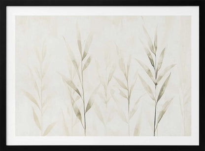 Minimalist watercolor painting of bamboo stalks in soft green and beige hues.
