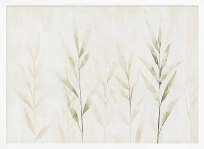 Minimalist watercolor painting of bamboo stalks in soft green and beige hues.