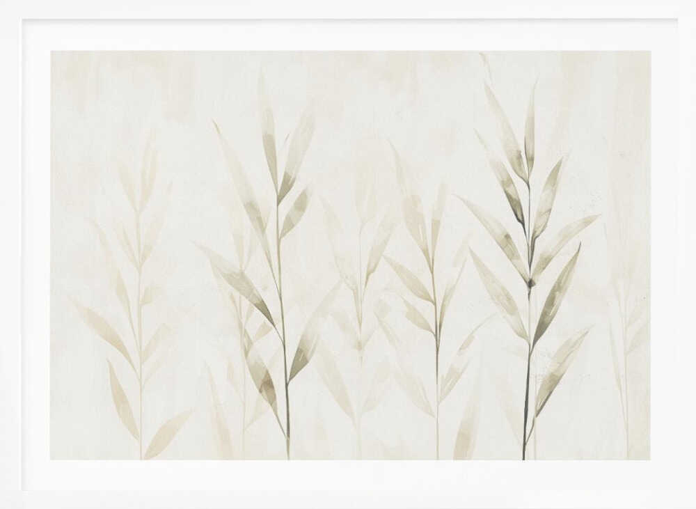 Minimalist watercolor painting of bamboo stalks in soft green and beige hues.