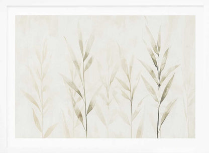 Minimalist watercolor painting of bamboo stalks in soft green and beige hues.