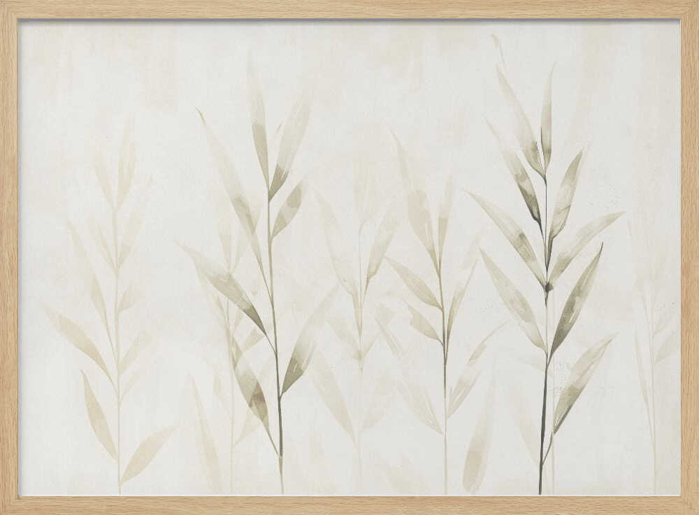 Minimalist watercolor painting of bamboo stalks in soft green and beige hues.