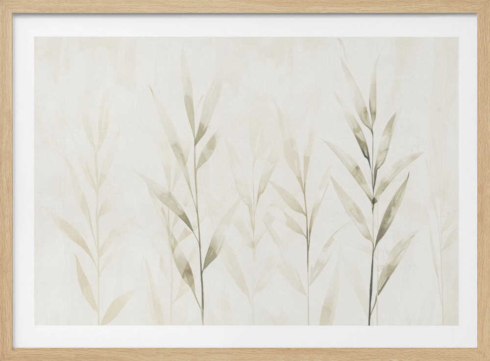 Minimalist watercolor painting of bamboo stalks in soft green and beige hues.