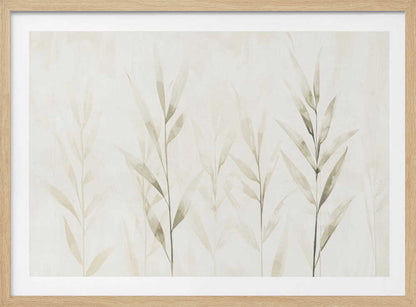 Minimalist watercolor painting of bamboo stalks in soft green and beige hues.