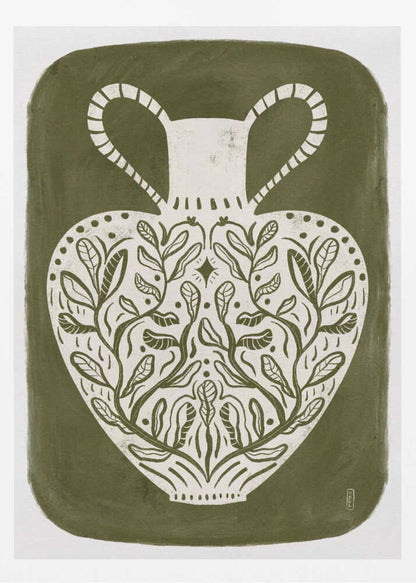 Olive green illustration of a Greek vase, perfect as an art print or poster.