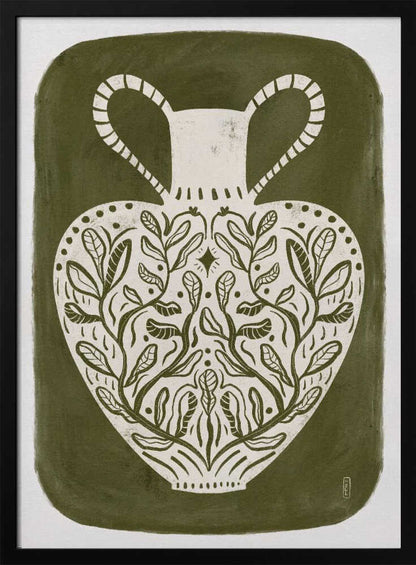 Olive green illustration of a Greek vase, perfect as an art print or poster.