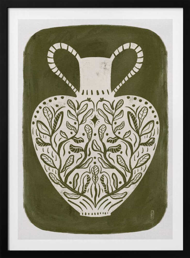 Olive green illustration of a Greek vase, perfect as an art print or poster.