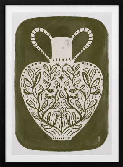 Olive green illustration of a Greek vase, perfect as an art print or poster.