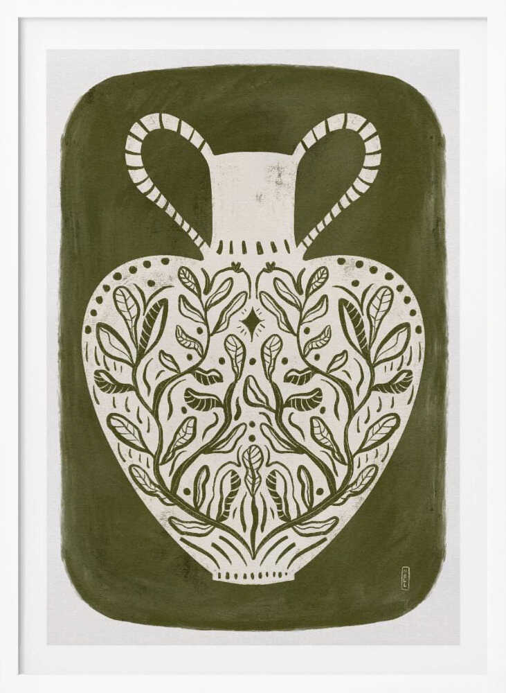 Olive green illustration of a Greek vase, perfect as an art print or poster.