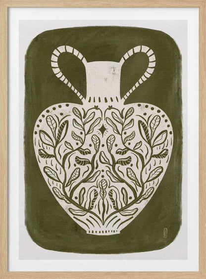 Olive green illustration of a Greek vase, perfect as an art print or poster.