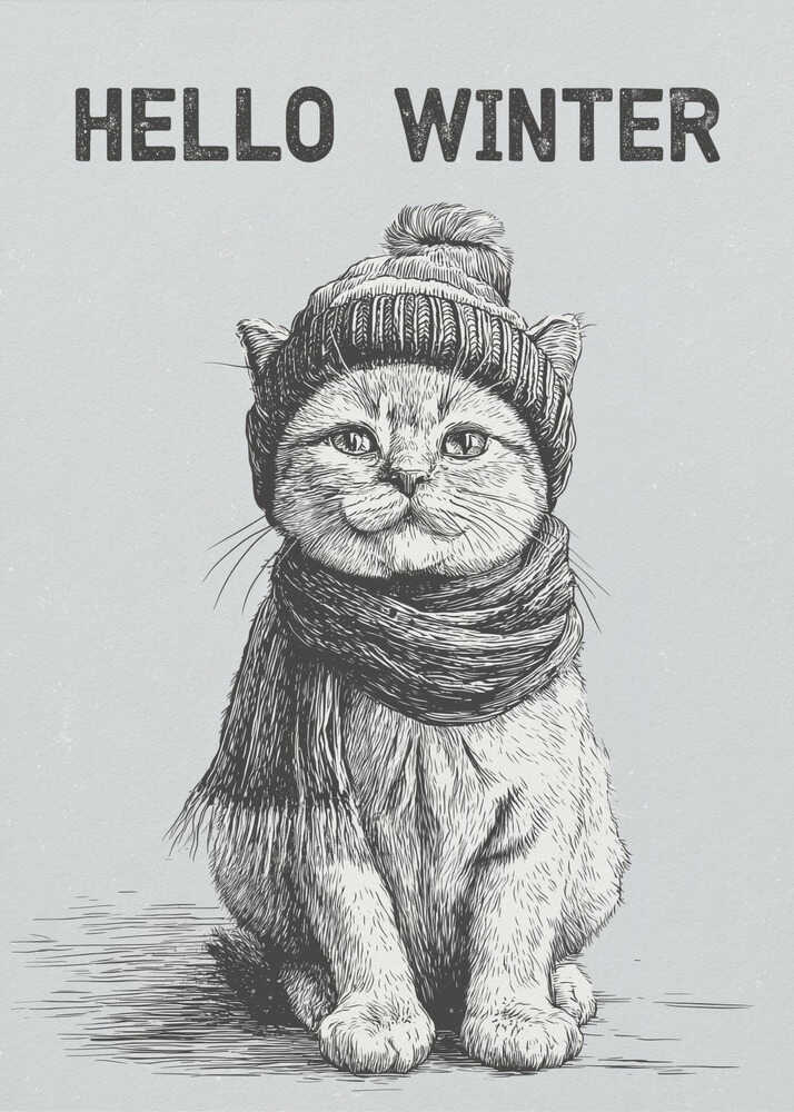 Sketch illustration of a cute cat wearing a winter hat and scarf. 'Hello Winter' quote.