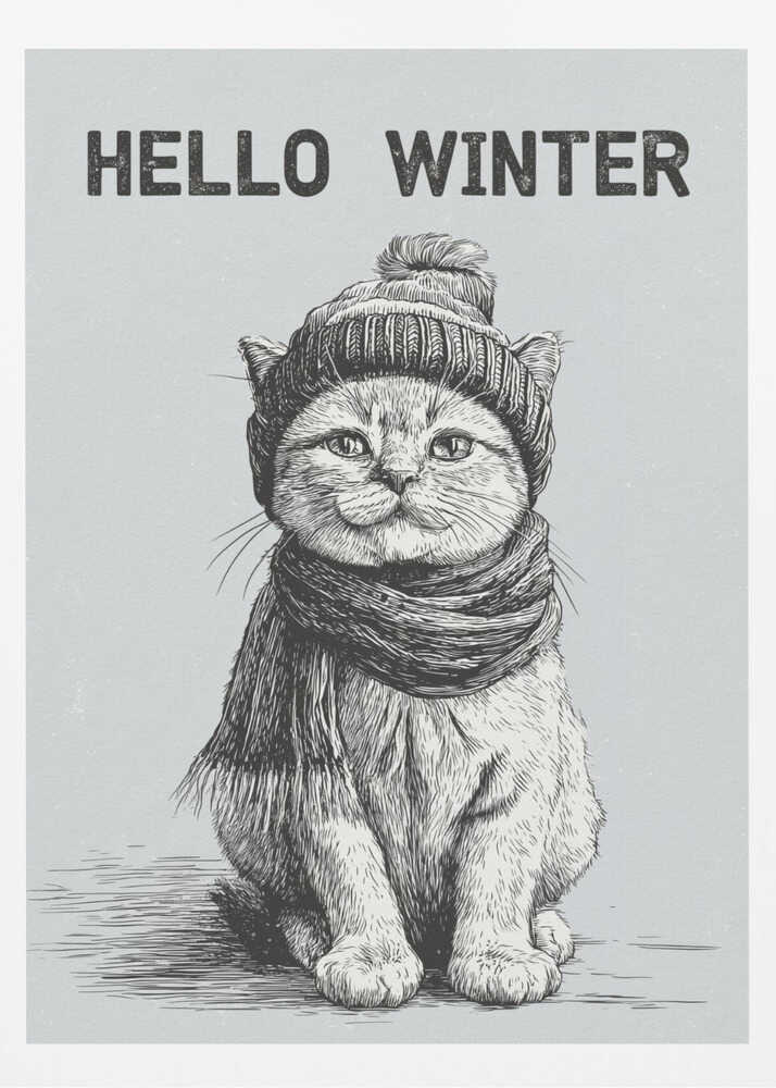 Sketch illustration of a cute cat wearing a winter hat and scarf. 'Hello Winter' quote.