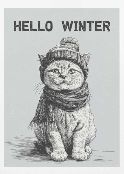 Sketch illustration of a cute cat wearing a winter hat and scarf. 'Hello Winter' quote.