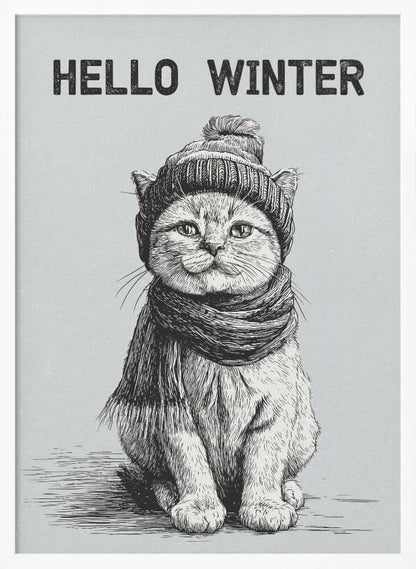 Sketch illustration of a cute cat wearing a winter hat and scarf. 'Hello Winter' quote.