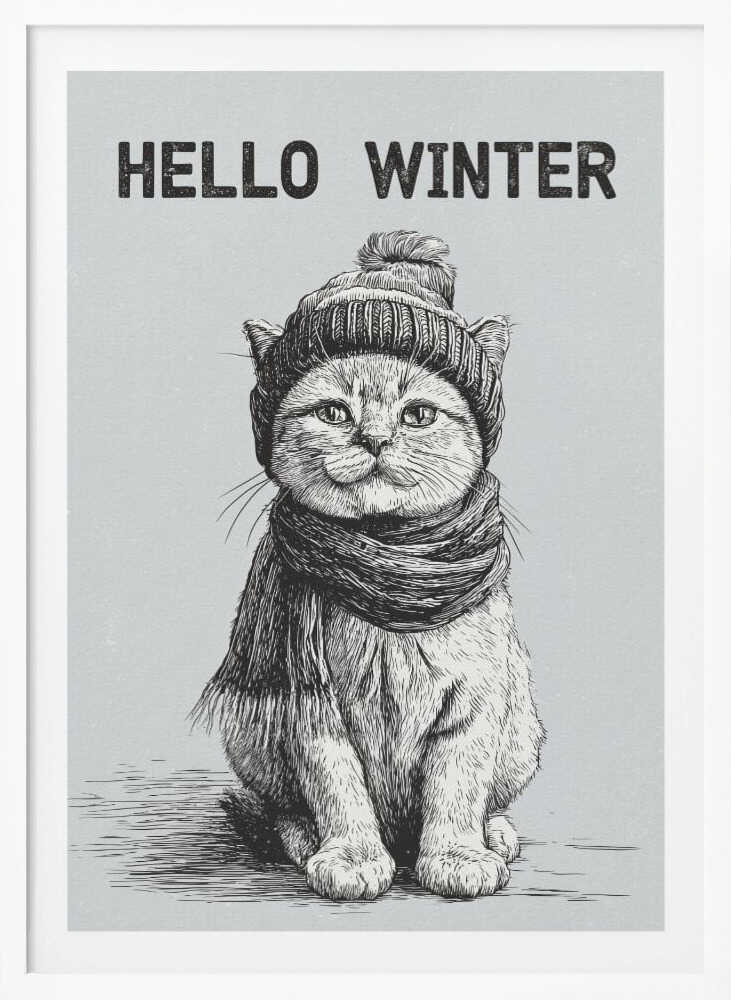 Sketch illustration of a cute cat wearing a winter hat and scarf. 'Hello Winter' quote.