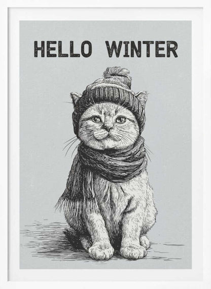 Sketch illustration of a cute cat wearing a winter hat and scarf. 'Hello Winter' quote.