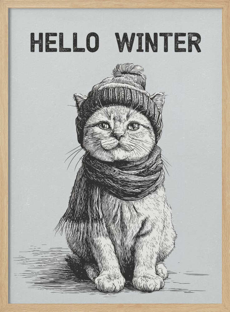 Sketch illustration of a cute cat wearing a winter hat and scarf. 'Hello Winter' quote.