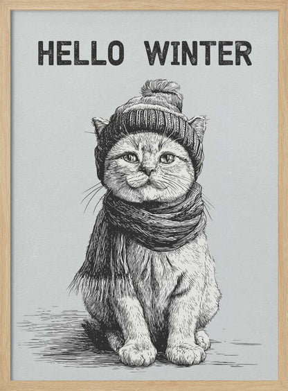 Sketch illustration of a cute cat wearing a winter hat and scarf. 'Hello Winter' quote.