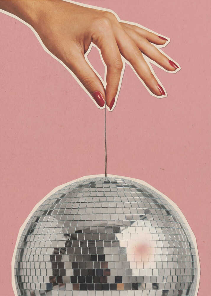 Retro collage art of a hand with red nails holding a silver disco ball against a pink background.
