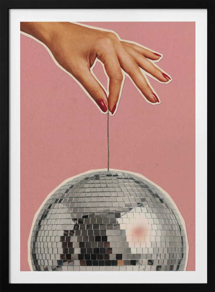 Retro collage art of a hand with red nails holding a silver disco ball against a pink background.