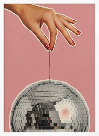 Retro collage art of a hand with red nails holding a silver disco ball against a pink background.
