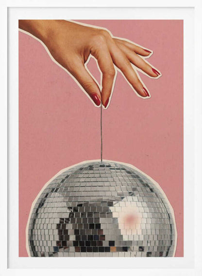 Retro collage art of a hand with red nails holding a silver disco ball against a pink background.