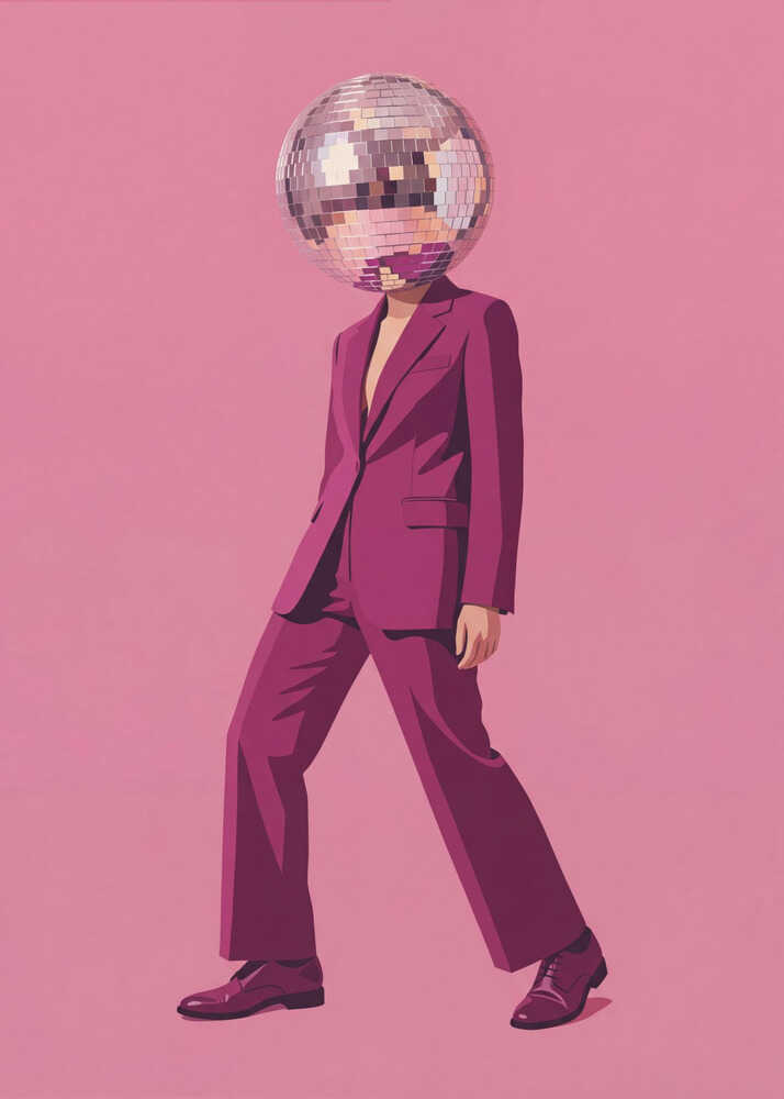 A person with a disco ball for a head wearing a magenta suit against a pink background, surreal wall art.