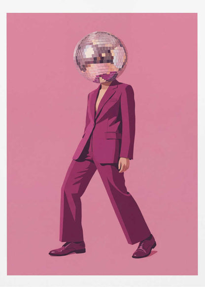 A person with a disco ball for a head wearing a magenta suit against a pink background, surreal wall art.