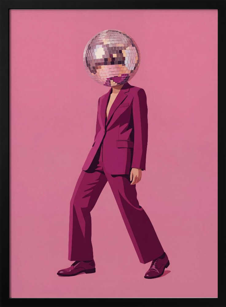 A person with a disco ball for a head wearing a magenta suit against a pink background, surreal wall art.