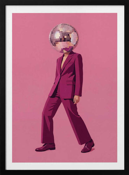 A person with a disco ball for a head wearing a magenta suit against a pink background, surreal wall art.