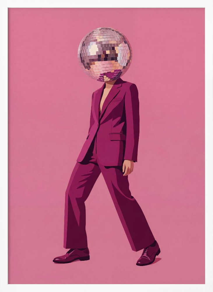 A person with a disco ball for a head wearing a magenta suit against a pink background, surreal wall art.